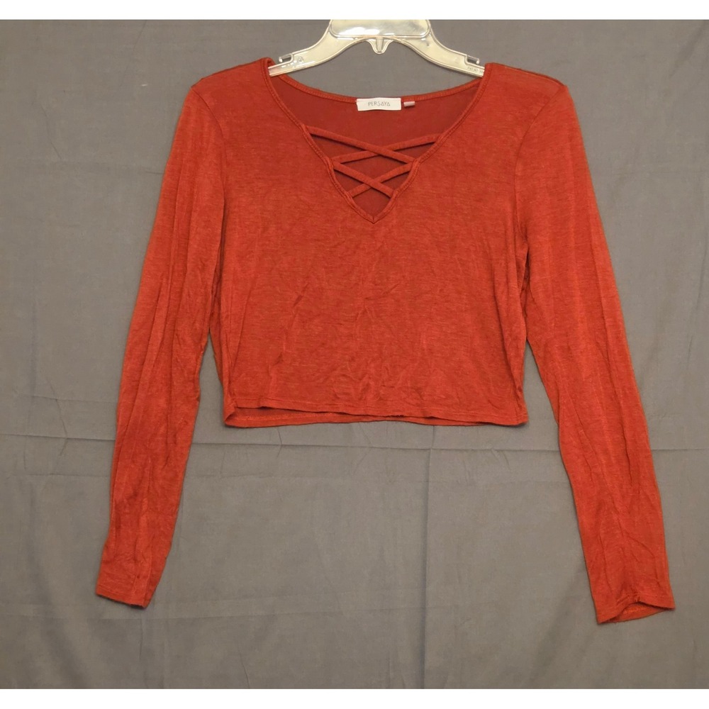 Persaya Criss Cross Long Sleeve Crop Top Shirt Women's Large Burnt Orange Boho